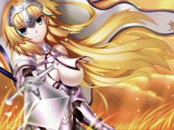 Rule 34 | 1girl, armor, armored dress, bare shoulders, blonde hair, blurry, braid, breasts, bug, cloud, depth of field, fate/apocrypha, fate/grand order, fate (series), foreshortening, gauntlets, headpiece, highres, insect, jeanne d&#039;arc (fate), jeanne d&#039;arc (ruler) (fate), jeanne d&#039;arc (third ascension) (fate), large breasts, long hair, looking at viewer, moth, orange sky, paperfinger, pointing sword, purple eyes, serious, single braid, sky, solo, sword, weapon, wheat, wind