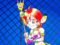 Rule 34 | 1girl, animal ears, antenna hair, armlet, bare shoulders, breasts, breath of fire, breath of fire ii, closed mouth, facial mark, fingerless gloves, george costanza, gloves, gold trim, halterneck, holding, holding staff, ishygddt, medium breasts, meme, purple gloves, red eyes, red hair, rinpoo chuan, seinfeld, setz, short hair, smile, solo, staff, tail, tiger ears, tiger tail, uneven eyes