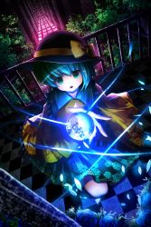 Rule 34 | 1girl, aqua hair, balcony, blouse, blue flower, blue rose, checkered floor, dutch angle, floor, floral print, flower, gate, glowing, green eyes, hallway, hat, hat ribbon, highres, kneeling, komeiji koishi, looking at viewer, night, open mouth, outstretched hand, pengin (takeoff425), railing, ribbon, rose, shirt, short hair, skirt, solo, third eye, touhou