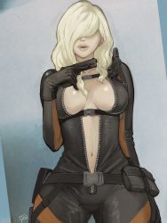 Rule 34 | 1girl, 5tatsu, blonde hair, bodysuit, breasts, diving suit, gloves, gun, hair over eyes, highres, large breasts, long hair, navel, open mouth, rachael foley, resident evil, resident evil: revelations, solo, weapon, wetsuit