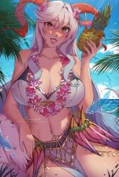 Rule 34 | 1girl, armlet, bare shoulders, bikini, blue hair, blue sky, breasts, cleavage, cloud, cloudy sky, curled horns, fire emblem, fire emblem heroes, fish, flower, flower necklace, food, freyja (fire emblem), freyja (summer) (fire emblem), fruit, goat, goat horns, grey hair, hair flower, hair ornament, himmely, holding, holding floatie, holding food, holding fruit, horns, inflatable toy, jewelry, large breasts, long hair, looking at viewer, mature female, multicolored hair, navel, necklace, nintendo, ocean, official alternate costume, outdoors, palm tree, pelvic curtain, pineapple, red eyes, red horns, sky, smile, solo, stuffed goat, swimsuit, teeth, thorns, tree, white bikini, white hair