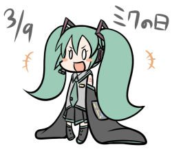 Rule 34 | 1girl, aqua hair, blush stickers, boots, chibi, deformed, detached sleeves, erimaki (yonaoshi), full body, hair ornament, hands in opposite sleeves, hatsune miku, long hair, mikupa, necktie, no nose, o o, open mouth, pigeon-toed, pleated skirt, simple background, skirt, smile, solo, translated, twintails, very long hair, vocaloid, white background, white eyes