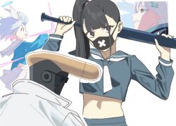 Rule 34 | 1boy, 3girls, arona (blue archive), baseball bat, black hair, blanchat, blue archive, blue hair, grey hair, looking at viewer, multicolored hair, multiple girls, pink hair, shiroko (blue archive), sukeban (smg) (blue archive), sunglasses, two-tone hair, upper body, white background