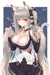 Rule 34 | 1girl, ?, animal ears, azur lane, between breasts, black dress, blue background, breasts, cat ears, cat tail, cleavage, closed mouth, commentary, cowboy shot, d-cao, detached collar, dress, earrings, formidable (azur lane), frilled dress, frills, hair ribbon, highres, holding, holding hair, jewelry, kemonomimi mode, large breasts, long hair, looking at viewer, off-shoulder dress, off shoulder, red eyes, ribbon, signature, silver hair, simple background, solo, straight hair, tail, twintails, very long hair, white neckwear