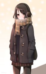 Rule 34 | 1girl, :o, bad id, bad pixiv id, black hair, black pantyhose, brown eyes, coat, cowboy shot, earmuffs, enpera, highres, ivioss, long sleeves, looking at viewer, original, pantyhose, parted lips, plaid, plaid scarf, plaid skirt, scarf, skirt, solo, standing, winter clothes