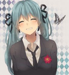 Rule 34 | 1girl, aqua hair, argyle, argyle background, argyle clothes, boutonniere, bug, butterfly, flower, formal, grin, hair ribbon, hatsune miku, insect, long hair, pocky1202, ribbon, saihate (vocaloid), smile, solo, suit, twintails, vocaloid