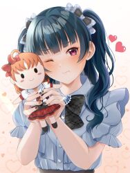 Rule 34 | 1girl, black bow, black bowtie, black nails, blue bow, blue shirt, bow, bowtie, character doll, gradient background, heart, highres, holding, looking at viewer, love live!, love live! sunshine!!, necktie, orange hair, red bow, red eyes, red necktie, red skirt, shirt, skirt, stuffed toy, takami chika, tsubasa091748, tsushima yoshiko, white shirt