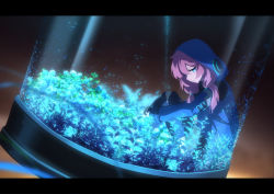 Rule 34 | 1girl, aqua eyes, arknights, blue jacket, blue poison (arknights), blue thighhighs, capsule, chinese commentary, dadijiji, hair between eyes, highres, hood, hooded jacket, jacket, letterboxed, light particles, long sleeves, medium hair, parted lips, pink hair, plant, sitting, solo, thighhighs, twintails