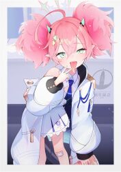 Rule 34 | 1girl, absurdres, ahoge, artist request, blue archive, blush, coat, dress, green eyes, hair between eyes, hair ornament, halo, highres, holding, horns, long sleeves, long tongue, looking at viewer, milo1205, momoka (blue archive), off shoulder, open clothes, open coat, open mouth, pink hair, pointy ears, sharp teeth, solo, tail, teeth, tongue, twintails, v, white coat, white dress