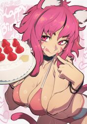 Rule 34 | 1girl, :p, animal ears, bikini, black choker, bracelet, cake, cat ears, cat tail, choker, choppy bangs, cropped legs, eyeshadow, food, food on face, fruit, happy birthday, hata4564, heart, highres, icing, jewelry, looking at viewer, makeup, medium hair, original, pink bikini, pink eyes, pink eyeshadow, pink hair, pink nails, plate, pointing, pointing at self, sidelocks, simple background, strawberry, swimsuit, tail, tongue, tongue out, wet