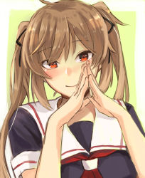 Rule 34 | 1girl, absurdres, black serafuku, blush, brown eyes, close-up, hagioshi, highres, kantai collection, light brown hair, long hair, looking at viewer, murasame (kancolle), neckerchief, own hands together, red neckerchief, school uniform, serafuku, smile, solo, twintails, upper body