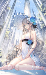 Rule 34 | 1girl, a maru, absurdres, artist name, bad id, bad pixiv id, bare legs, birdcage, black ribbon, blue flower, blue rose, breasts, building, cage, cleavage, commentary, covered navel, cross, day, doll joints, dress, earrings, english commentary, flower, frilled hat, frills, glint, hand up, hat, hat ornament, hat ribbon, highres, jewelry, joints, long hair, looking at viewer, md5 mismatch, medium breasts, original, parted lips, pillar, resolution mismatch, ribbon, rose, side slit, silver hair, sitting, sleeveless, sleeveless dress, smile, solo, sparkle, very long hair, wariza, white dress, white hat