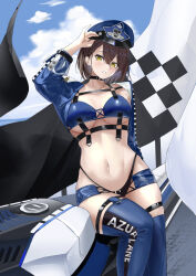 Rule 34 | 1girl, absurdres, arm up, azur lane, baltimore (azur lane), baltimore (finish line flagbearer) (azur lane), bikini, black bikini, blue bikini, blue footwear, blue hat, blue jacket, blue shorts, blue sky, blush, boots, braid, breasts, brown hair, chest harness, choker, cleavage, cloud, collarbone, cowboy shot, cropped jacket, day, flag, french braid, hair between eyes, harness, hat, highleg, highleg bikini, highres, jacket, large breasts, lilin (pixiv 25958194), long sleeves, looking at viewer, micro shorts, mismatched bikini, motor vehicle, motorcycle, navel, official alternate costume, on motorcycle, open clothes, open jacket, outdoors, parted lips, peaked cap, race queen, short hair, shorts, sidelocks, sitting, skindentation, sky, solo, stomach, swimsuit, thigh boots, underboob, yellow eyes