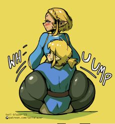 Rule 34 | 1boy, 1girl, absurdres, artist name, ass, black leggings, blonde hair, blue eyes, blue shirt, blush, closed mouth, highres, huge ass, leggings, link, looking back, naughty face, nintendo, patreon logo, patreon username, pointy ears, princess zelda, shiny clothes, shirt, short hair, simple background, sitting, sitting on person, size difference, smile, sweat, tail-blazer, the legend of zelda, the legend of zelda: tears of the kingdom, watermark, web address, wide hips, yellow background