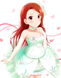 Rule 34 | 1girl, bad id, bad pixiv id, blush, bow, brown hair, choker, closed mouth, collarbone, cowboy shot, detached sleeves, dress, highres, idolmaster, idolmaster (classic), jewelry, long hair, long sleeves, looking up, minase iori, nail polish, ornate ring, outstretched arm, petals, pink nails, pink ribbon, red eyes, ribbon, ring, runmo77, short dress, sleeveless, sleeveless dress, smile, solo, standing, strapless, strapless dress, very long hair, wedding dress, wedding ring, white background, white bow, white dress