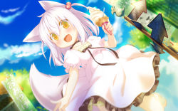 Rule 34 | 1girl, :d, animal ears, artist request, blue sky, cloud, day, dress, food, fox ears, fox tail, frilled dress, frilled sleeves, frills, happy, highres, ice cream, ice cream cone, irotoridori no sekai, motion blur, open mouth, pink hair, puffy short sleeves, puffy sleeves, ren (irotoridori no sekai), short sleeves, sky, smile, soft serve, solo, tail, white hair, yellow eyes