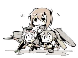 Rule 34 | &gt;:3, 10s, 3girls, :3, bow (weapon), brown hair, carrying, carrying under arm, flight deck, grey hair, hakama, hakama short skirt, hakama skirt, headband, headgear, japanese clothes, kantai collection, konno akikaze, long hair, machinery, military, military uniform, multiple girls, pleated skirt, short hair, shoukaku (kancolle), simple background, skirt, smile, solid oval eyes, taihei hiromi, taihou (kancolle), twintails, uniform, v-shaped eyebrows, weapon, white background, zuikaku (kancolle)