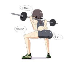 Rule 34 | 1girl, ass, bike shorts, blush, brown hair, exercising, gertrud barkhorn, grey shorts, shorts, simple background, solo, strike witches, weightlifting, white background, world witches series