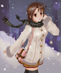Rule 34 | 1girl, :d, bag, brown eyes, brown hair, cowboy shot, looking at viewer, open mouth, original, scarf, short hair, smile, snow, snowing, solo, striped clothes, striped scarf, thighhighs, winter, yurikuta tsukumi