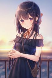 Rule 34 | 1girl, bare shoulders, black dress, black hair, blurry, blurry background, blush, bokeh, choker, closed mouth, collarbone, day, depth of field, dress, earrings, frilled dress, frills, hair ribbon, half updo, jewelry, kawami nami, light particles, long hair, looking at viewer, off-shoulder dress, off shoulder, original, outdoors, own hands together, railing, red choker, red eyes, red ribbon, ribbon, ribbon choker, short sleeves, sidelocks, smile, solo, tareme