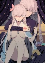 Rule 34 | 1boy, 1girl, anastasia (fate), areola slip, bags under eyes, bare hips, bare legs, blue cape, blue cloak, blue eyes, blush, breasts, breasts apart, building, cape, cloak, curtains, cushion, detached sleeves, doll, fate/grand order, fate (series), hair over one eye, hairband, highres, holding hands, hug, hug from behind, jewelry, kadoc zemlupus, long hair, long sleeves, navel, pendant, pink hairband, royal robe, silver hair, sitting, smile, snowing, tranquillianusmajor, very long hair, viy (fate), window, yellow eyes