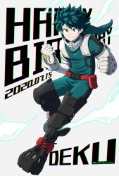 Rule 34 | 1boy, belt, bodysuit, boku no hero academia, buthikireta, character name, clenched hands, commentary request, dated, elbow gloves, energy, freckles, gloves, green bodysuit, green hair, grey gloves, happy birthday, highres, hood, hood down, hooded bodysuit, looking at viewer, male focus, midoriya izuku, pouch, red belt, red footwear, short hair, simple background, smile, solo, white gloves