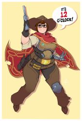 Rule 34 | 1girl, ammunition belt, belt, belt buckle, breasts, brown eyes, brown hair, brown pants, buckle, bullet, cape, cassidy (overwatch) (cosplay), cosplay, cowboy hat, finger on trigger, glasses, gloves, gun, handgun, hat, holding, holding gun, holding weapon, holster, mechanical arms, mei (overwatch), overwatch, overwatch 1, pants, poncho, revolver, short hair, single mechanical arm, solo, standing, weapon