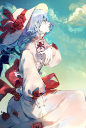 Rule 34 | 1girl, adapted costume, blue hair, bonnet, center frills, cloud, cloudy sky, day, dress, expressionless, flower, frills, hat, hat flower, highres, long hair, long sleeves, looking afar, nail polish, petals, pointy ears, profile, puffy long sleeves, puffy sleeves, red eyes, red flower, red rose, remilia scarlet, rose, sitting, sky, solo, tian (my dear), touhou