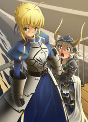 Rule 34 | 1boy, 1girl, aged down, ahoge, armor, armored dress, artoria pendragon (all), artoria pendragon (fate), blonde hair, breastplate, chibi, child, crossover, dissidia final fantasy, drawfag, fate/stay night, fate (series), final fantasy, final fantasy i, formal, gauntlets, green eyes, long skirt, pant suit, pants, saber (fate), skirt, suit, warrior of light (ff1)