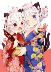 Rule 34 | 2girls, animal, animal ear fluff, animal ears, animal on head, bare shoulders, blue eyes, blunt bangs, blush, breasts, cat ears, cat girl, cat tail, cleavage, cowboy shot, flat chest, forked tail, hair bun, hair ornament, highres, japanese clothes, kimono, large breasts, mouse (animal), mouse on head, muku (muku-coffee), multiple girls, multiple tails, nekomata, obi, off shoulder, on head, one eye closed, open mouth, original, red eyes, sash, sheeney (muku), shiro (muku), short hair, single hair bun, smile, standing, tail, two tails, white hair