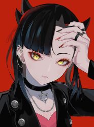 Rule 34 | 1girl, absurdres, arm up, asymmetrical bangs, black choker, black hair, black jacket, chain, choker, creatures (company), ear piercing, earrings, game freak, highres, jacket, jewelry, long hair, long sleeves, looking at viewer, marnie (pokemon), nail polish, necklace, nintendo, piercing, pokemon, pokemon swsh, portrait, red background, ring, simple background, solo, tor (torkrub111), twintails, yellow eyes