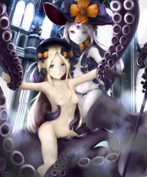 Rule 34 | 2girls, abigail williams (fate), abigail williams (third ascension) (fate), black bow, black gloves, black hat, black panties, blonde hair, blue eyes, blush, bow, breasts, commentary request, dual persona, elbow gloves, fate/grand order, fate (series), gloves, glowing, grin, hand on another&#039;s cheek, hand on another&#039;s face, hat, hat bow, highres, indoors, kuro yanagi, long hair, looking at viewer, multiple girls, navel, nipples, nude, orange bow, pale skin, panties, parted bangs, parted lips, polka dot, polka dot bow, print bow, purple eyes, sharp teeth, silver hair, small breasts, smile, star (symbol), star print, straddling, suction cups, teeth, tentacles, topless, underwear, v-shaped eyebrows, very long hair, window, witch hat