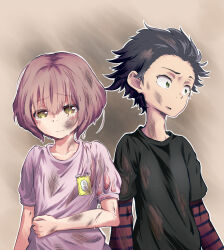 Rule 34 | 1boy, 1girl, absurdres, aged down, black hair, black shirt, brown eyes, brown hair, closed mouth, commentary, crying, crying with eyes open, dirty, dirty clothes, dirty face, english commentary, green eyes, highres, id card, ishida shouya, koe no katachi, long sleeves, nishimiya shouko, outline, pink shirt, shirt, short hair, spiked hair, tears, togekk0, upper body, white outline