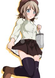 Rule 34 | 10s, 1girl, absurdres, alternate costume, ankoiri, black thighhighs, blue eyes, breasts, brown footwear, brown hair, brown skirt, commentary request, eyebrows, from below, hat, highres, holding, holding clothes, holding skirt, knee up, long sleeves, looking at viewer, looking down, love live!, love live! school idol festival, love live! sunshine!!, medium breasts, shoes, short hair, skirt, solo, thighhighs, watanabe you