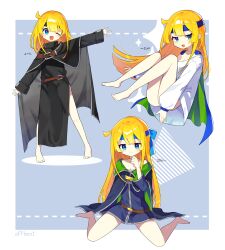 Rule 34 | 1girl, absurdres, barefoot, blonde hair, blue eyes, blush, borrowed clothes, closed mouth, cosplay, cosplay request, headband, highres, long hair, offbeat, one eye closed, open mouth, puyopuyo, schezo wegey, schezo wegey (cosplay), sitting, smile, solo, wariza, witch (puyopuyo)