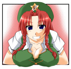 Rule 34 | 1girl, blue eyes, braid, breasts, china dress, chinese clothes, cleavage, dress, covered erect nipples, female focus, grin, hat, highres, hong meiling, inu mamoru mizuki, inue, large breasts, long hair, red hair, smile, solo, embodiment of scarlet devil, touhou, twin braids