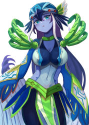 Rule 34 | 1girl, aqua eyes, bare shoulders, bird girl, blue skin, breasts, colored skin, cowboy shot, duel monster, feather hair, feathered wings, feathers, hat, ishii (young-moon), lyrilusc - ensemblue robin, medium breasts, midriff, navel, purple skin, simple background, solo, white background, winged arms, wings, yu-gi-oh!