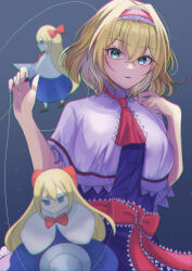 Rule 34 | 1girl, absurdres, alice margatroid, blonde hair, blue dress, blue eyes, capelet, dress, hair between eyes, hairband, highres, jewelry, lolita hairband, open mouth, puppet rings, puppet strings, red hairband, ring, shanghai doll, short hair, solo, touhou, twitter username, upper body, wa layla, white capelet