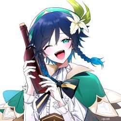 Rule 34 | 1boy, androgynous, beret, black hair, blue hair, blush, bottle, bow, braid, collared cape, collared shirt, commentary, corset, dlraud1123, english commentary, flower, frilled sleeves, frills, genshin impact, gradient hair, green eyes, green hat, hair flower, hair ornament, hat, highres, holding, holding bottle, leaf, long sleeves, looking at viewer, male focus, multicolored hair, one eye closed, open mouth, shirt, short hair with long locks, side braids, sidelocks, signature, simple background, smile, solo, twin braids, venti (genshin impact), white background, white flower, white shirt, wine bottle