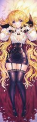 Rule 34 | 1girl, absurdres, artist name, black skirt, black thighhighs, blonde hair, bow, breasts, carnelian, cloak, dakimakura (medium), frills, frilled shirt, frills, full body, garter straps, heart, highres, lace, lace-trimmed legwear, lace trim, lilith (yamibou), long hair, looking at viewer, mary janes, medium breasts, nipples, open clothes, open shirt, pencil skirt, photoshop (medium), purple eyes, shirt, shoes, skirt, smile, solo, thighhighs, very long hair, wavy hair, white bow, yami to boushi to hon no tabibito