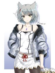 Rule 34 | animal ears, camisole, cat ears, cat girl, chakram, chest jewel, fgsketch, highres, jacket, leggings, mio (xenoblade), pantyhose, shoulder strap, skirt, tank top, weapon, white camisole, white jacket, white skirt, white tank top, xenoblade chronicles (series), xenoblade chronicles 3