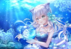 Rule 34 | 1girl, :3, animal ear fluff, animal ears, bare arms, blue dress, blue eyes, bow, breasts, brooch, cat ears, cat tail, commentary request, dappled sunlight, dress, fang, flower, green eyes, green ribbon, grey hair, hair ornament, hair ribbon, heterochromia, highres, holding, jewelry, looking at viewer, medium breasts, open mouth, original, ribbon, sakura moyon, solo, sunlight, tail, tail bow, tail ornament, tail ribbon, underwater, upper body, white flower