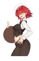 Rule 34 | 1girl, absurdres, alternate costume, arknights, belt, black belt, black pants, black vest, blush, bow, bowtie, breasts, commentary, contrapposto, cowboy shot, cropped shirt, exusiai (arknights), floating hair, hair between eyes, halo, hand on own hip, highres, holding, holding tray, lai dou laile 555, long sleeves, looking at viewer, medium breasts, midriff, nail polish, navel, no wings, open mouth, orange eyes, pants, penguin logistics logo, red bow, red bowtie, red hair, red nails, shirt, short hair, simple background, smile, solo, tray, v-shaped eyebrows, vest, white background, white shirt