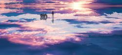 Rule 34 | 1girl, cloud, cloudy sky, day, facing away, highres, horizon, lifeline (a384079959), motor vehicle, motorcycle, multicolored sky, ocean, original, outdoors, reflection, scenery, sky, solo, standing, sun, very wide shot, water, water world