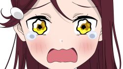 Rule 34 | 1girl, brown eyes, crying, hair ornament, highres, long hair, love live!, love live! sunshine!!, love live! superstar!!, open mouth, red hair, sakurauchi riko, shibuya kanon, simple background, solo, tears, wavy mouth, white background