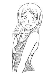 Rule 34 | 10s, 1girl, :d, blush, breasts, dagashi kashi, ear piercing, endou saya, covered erect nipples, fang, fukudahda, greyscale, hair ornament, hairclip, long hair, looking at viewer, monochrome, open mouth, piercing, simple background, small breasts, smile, solo, white background