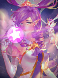 Rule 34 | 1girl, bare shoulders, closed mouth, creature, drill hair, elbow gloves, familiar, floating, floating hair, gloves, glowing, hair ornament, janna (league of legends), league of legends, leng, light particles, long hair, magic, magical girl, night, night sky, pointy ears, purple hair, red lips, see-through, sky, star (sky), star (symbol), star guardian (league of legends), star guardian janna, star hair ornament, starry sky, tsurime, twin drills, upper body, white gloves, wind