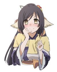 Rule 34 | 1girl, smile, absurdly long hair, absurdres, ainu clothes, animal ears, aquaplus, arms up, black hair, blush, breasts, brown eyes, clenched hand, closed mouth, crazy eyes, empty eyes, eyes visible through hair, finger to mouth, gradient eyes, hair between eyes, hair ornament, hair over one eye, hands on own cheeks, hands on own face, head tilt, high ponytail, highres, kuon (utawarerumono), layered sleeves, long hair, long sleeves, looking at viewer, medium breasts, multicolored eyes, nike abc, nose blush, orange sash, ponytail, sash, scarf, sidelocks, smile, solo, swept bangs, utawarerumono, utawarerumono: itsuwari no kamen, very long hair, wide sleeves, yandere, yandere trance, yellow eyes, yellow scarf