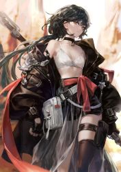 Rule 34 | 1girl, absurdres, belt, black gloves, black hair, black jacket, black shorts, bra, breasts, choker, closed mouth, eyelashes, fingerless gloves, gloves, highres, holding, holding weapon, jacket, long hair, navel, open clothes, open jacket, original, red eyes, shorts, simple background, small breasts, solo, standing, thigh strap, thighhighs, underwear, weapon, white bra, youngmoon 99