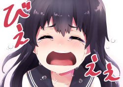 Rule 34 | 1girl, akatsuki (kancolle), blush, crying, frown, hair ornament, highres, kantai collection, long hair, messy hair, neckerchief, open mouth, purple hair, school uniform, serafuku, simple background, solo, taisho (gumiyuki), tearing up, translation request, white background